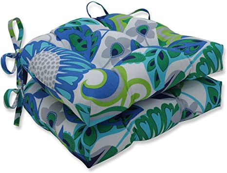 Pillow Perfect Outdoor | Indoor Sophia Turquoise/Green Reversible Chair Pad (Set of 2), 15.5 X 14.5 X 3.5