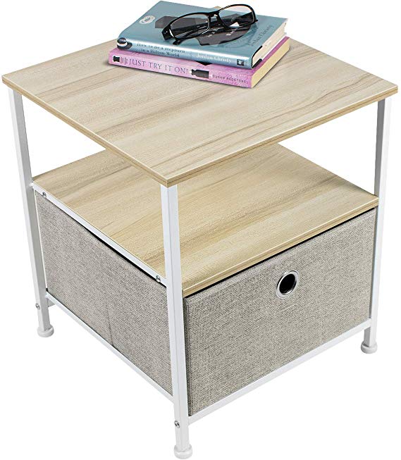 Sorbus Nightstand 1-Drawer Shelf Storage- Bedside Furniture & Accent End Table Chest for Home, Bedroom, Office, College Dorm, Steel Frame, Wood Top, Easy Pull Fabric Bins (Beige)