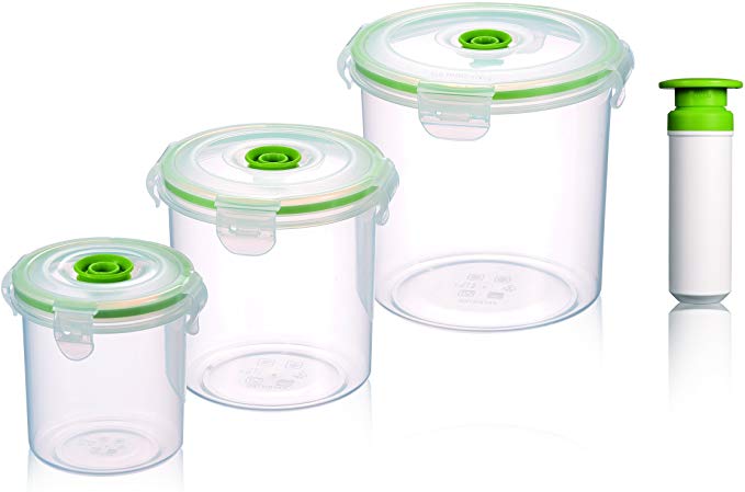 Vacuumsaver air&liquid tight plastic food storage canisters. Set of 3 round   pump. Sizes: 0.4L, 1L, 2L