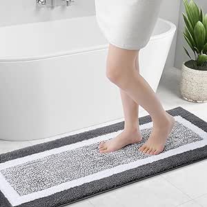 OLANLY Bathroom Rugs 47x17, Extra Soft and Absorbent Microfiber Bath Mat, Non-Slip, Machine Washable, Quick Dry Shaggy Bath Carpet, Suitable for Bathroom Floor, Tub, Shower (Dark Grey and White)