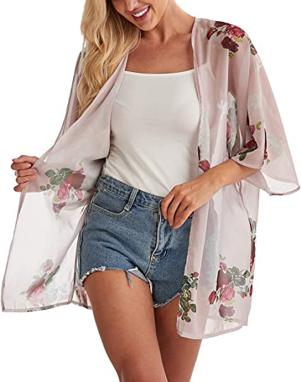 Women's Floral Print Puff Sleeve Kimono Cardigan Loose Cover Up Casual Blouse Tops