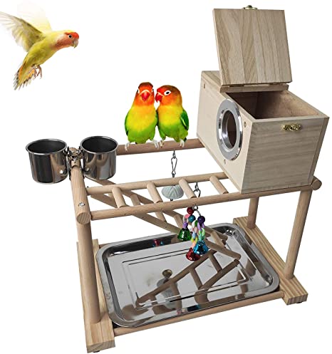 kathson Parrots Playground, Bird Play Gym Wood Perch Stand Climb Ladders Chewing Toys with Parakeet Nest Box Feeding Cups Exercise Activity Center for Conure Cockatiel Lovebirds