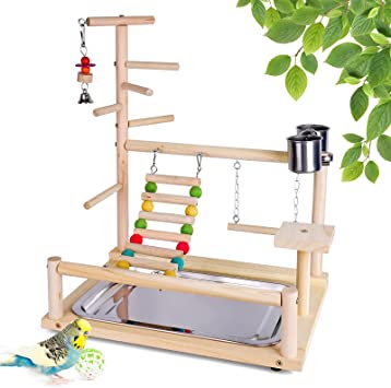 JasCherry Parrot Playstand Bird Playground Wood Perch Gym Playpen with Feeder Cup Ladder Swing Tray - Play Stand Exercise Toys Cage Accessories Playgym for Pet Cockatiel Parakeets Budgie #1