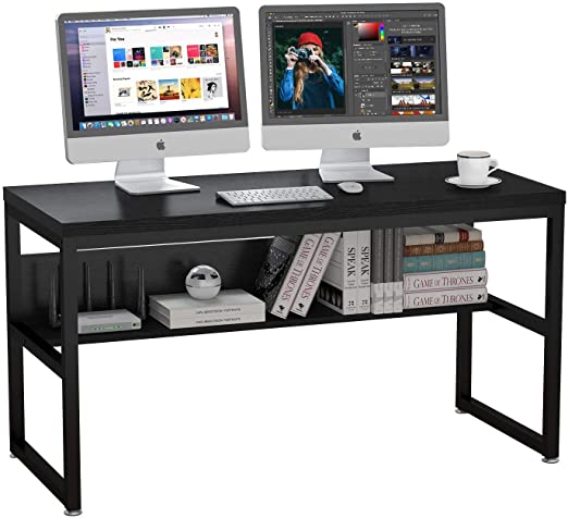 ZIOCCEH Black Gaming Desk with Shelf Metal Home Office Desk 55 inch, Large Industrial Desk with Storage Shelves, Study Table Writing Corner Desk, Black Computer Desk