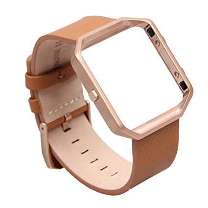 V-MORO Fitbit Blaze Band, Leather Small, Genuine Leather Smart Watch Band Strap Bracelet Replacement Wristband with Metal Frame For Fitbit Blaze Smart Fitness Watch (Leather Camel&Metal Frame Rose Gold, Small)