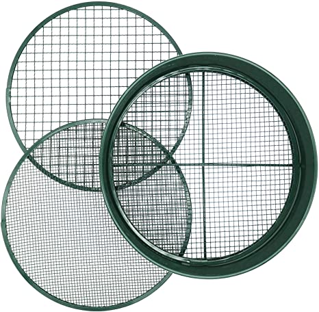 KOOLPUG Garden Sieve, 3 in 1 Metal Soil Sieve with Interchangeable Mesh Sizes 12mm/6mm/3mm, Fine Mesh Sieve Garden, Garden Riddle, Perfect Gardening Tool for Sifting Soil, Stones, and Compost