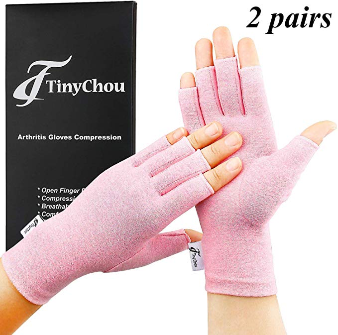 Arthritis Gloves, 2 Pairs Compression Gloves for Women Men, Fingerless Gloves Support and Warmth for Hands, Finger Joint, Relieve Pain from Rheumatoid, Osteoarthritis, RSI (Pink, Small-2 Pairs)