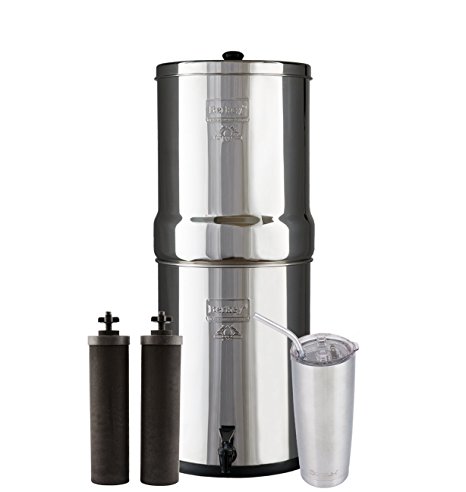 Berkey Water Filter System with 2 Black Purifier Filters (4.5 Gallons) Bundled with 1 20 oz Stainless Steel Tumbler Cup. A powerful simple and cost-efficient water filter