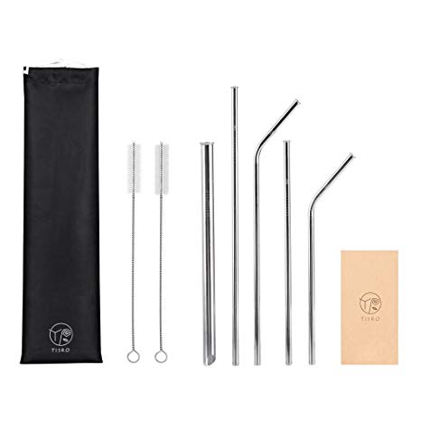 TISRO Reusable Straws, Set of 5 Integrated ''Mouth-Safe'' Stainless Steel Straws in Different Sizes with Cleaning Brushes and Carry Bag.Black