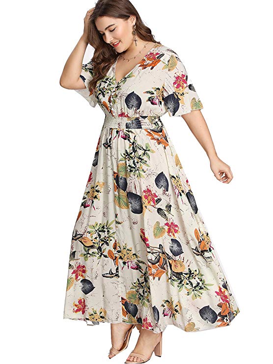 Romwe Women's Plus Size Floral Print Buttons Short Sleeve V Neck Flare Flowy Maxi Dress