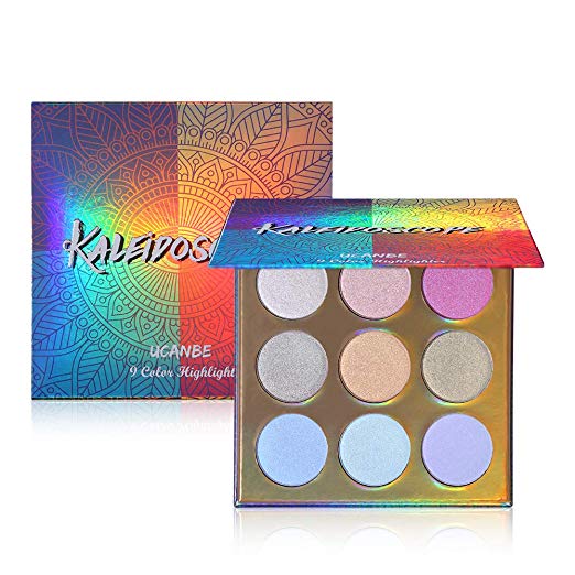 UCANBE Kaleidoscope Holographic Highlighter Makeup Palette Kit, 9 Color Polarized Shimmer Illuminating Glow Highlighting Bronzers Powder Set, Laser Outer Packaging with Mirror Cosmetics