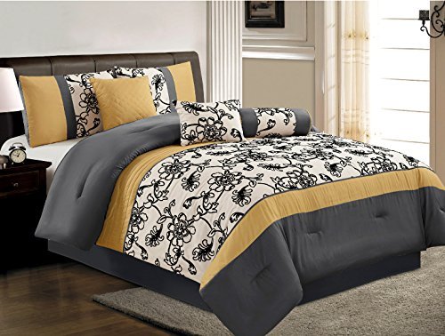 7 Pieces Luxury Yellow, Black, White and Grey Embroidered Comforter Set / Bed-in-a-bag King Size Bedding