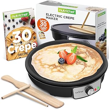 nutrichef Electric Crepe Maker Pan & Griddle, 12 Inch Nonstick Cooktop, LED Indicators & Adjustable Temperature Control, Includes Spatula, Batter Spreader, Cooks Crepes, Roti & Pancakes