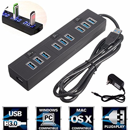 M.Way 10 Port USB 3.0 Hub High-Speed Data Transfer Ports Splitter 2A Power Adapter with On/Off Switches and LEDs USB Data Cable For Macbook Pro Laptop, iPhone 6s, 6s Plus, iPad, Samsung and More