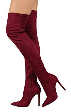 CAMSSOO Women's Thigh High Stretch Boots Side Zipper Pointy Toe Stiletto Heel Knee High Boots