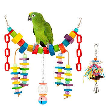 MEWTOGO 2 PCS Bird Swing with Small Bird Chewing Toy -Parrot Hanging Bridge with Small Shredder Ball Stuffers Toy