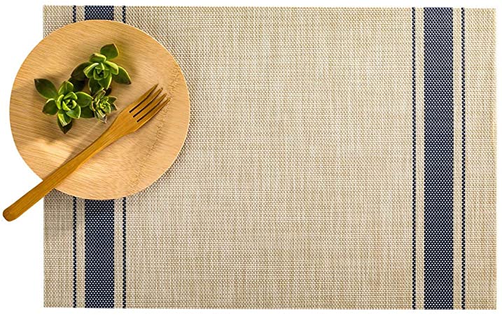 French Countryside Khaki Vinyl Woven Placemat - with Navy Stripe - 16" x 12" - 6 count box - Restaurantware