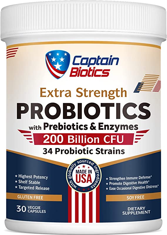 Captain Biotics Probiotics, 200 Billion CFU 34 Strains, with Prebiotics, Enzymes, for Digestive & Immune Health, Extra Strength, Shelf-Stable, Targeted-Release, Non-GMO, No Gluten, 30 Veggie Caps