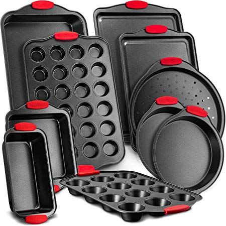 Nutrichef NCSBS8S 8-Piece Carbon Steel Nonstick Bakeware Baking Tray Set w/Heat Red Silicone Handles, Oven Safe Up to, 450°F, Pizza Loaf Muffin Round/Square Pans, Cookie Sheet