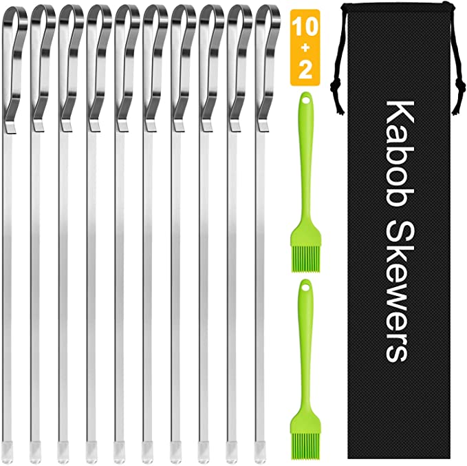 Kabob Skewers 17" Stainless Steel Long BBQ Barbecue Skewers, Flat Metal Kebob Sticks Wide Reusable Grilling Skewers for Meat Chicken,Set of 12 Including 2 Bonus Silicone Brush with Storage Bag