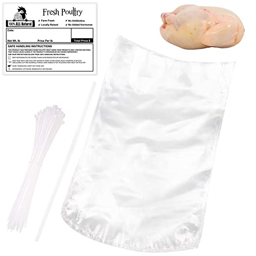 Poultry Shrink Bags,50Pcs Clear Poultry Heat Shrink Bags BPA Free 10x16 Inch Freezer Safe with 50PCS Zip Ties,50PCS Freezer Labels and a Silicone Straw for Chickens,Rabbits