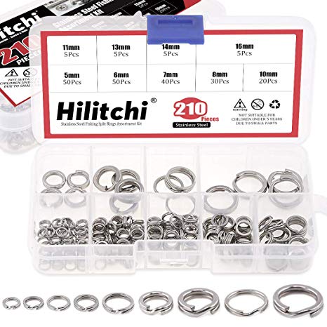 Hilitchi 210Pcs [9-Sizes] Stainless Steel Fishing Split Rings Fishing Tackle Ring Chain High Strength Heavy Fishing Lures Connector Flat Split Rings