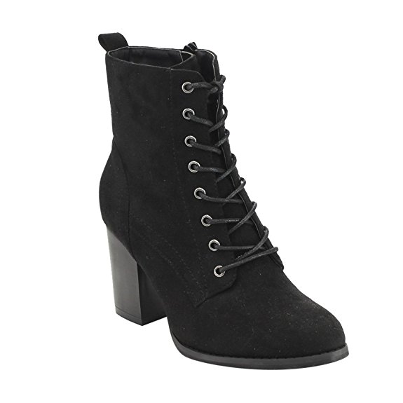 Beston GF08 Women's Lace Up Side Zip Block High Heel Combat Ankle Booties