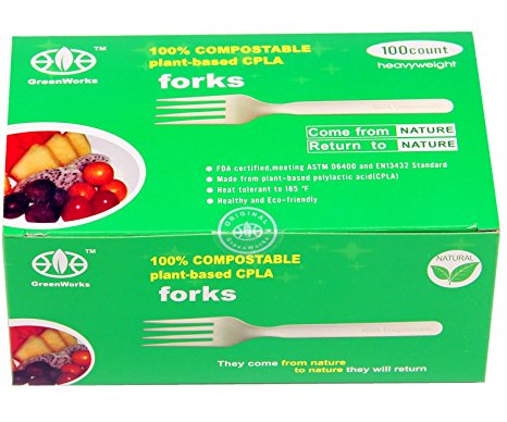 GreenWorks 100% Biodegradable and Compostable CPLA Cornstarch Disposable Cutlery Utensils Flatware,100 Ct 7" Heavyweight Forks