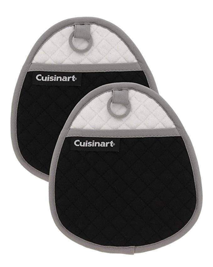 Cuisinart Quilted Silicone Potholders & Oven Mitts - Heat Resistant up to 500° F, Handle Hot Oven/Cooking Items Safely - Soft Insulated Pockets, Non-Slip Grip w/Hanging Loop, Jet Black- 2pk