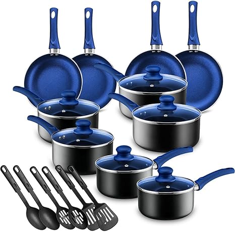 Chef’s Star Pots and Pans Set Non Stick, Dishwasher Safe Pots and Pans Set, Aluminum Cookware Set With Lids, Kitchen Pans and Pots Set, Kitchen Cookware Sets, 2 Sets 11 PC - Blue