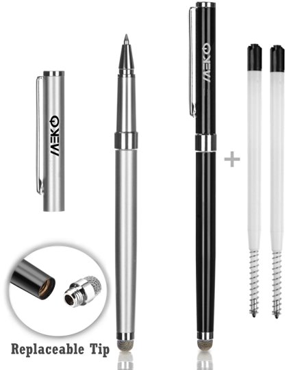 MeKo® 2PCs [2-in-1 Micro-Fiber Series] Dual Purpose Stylus/Styli Pen **MICRO FIBER TIP(replaceable)   FINE BALL PEN(refillable)**For all Touch Screen Smartphones and Tablets -(Black & Silver) -{New Upgraded Version}