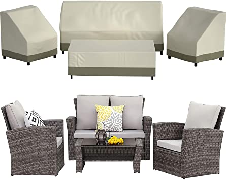 Wisteria Lane Patio Furniture Cover Set, 4 Piece Outdoor Furniture Cover Waterproof, 600D Heavy Duty Conversation Set Covers, Beige