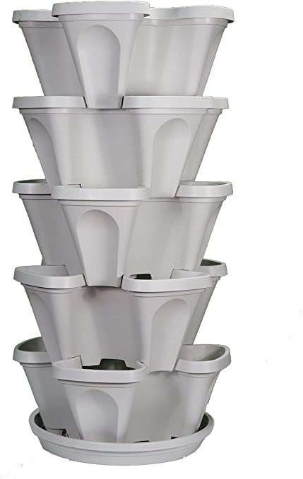 Mr. Stacky 5-Tier Strawberry and Herb Garden Planter - Stackable Gardening Pots with 10 Inch Saucer (Stone)
