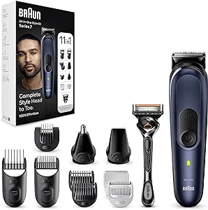 Braun Rasoio Elettrico Barba e Capelli, Regolabarba Tagliacapelli Uomo, 11-in-1 Styling Kit Per Barba, Capelli, Corpo, Naso e Orecchie, 100 Minuti Di Utilizzo, MGK7450 Blu