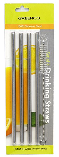 Greenco Unbreakable Stainless Steel Reusable Straws with Cleaning Brush (Set of 4), Stainless Steel