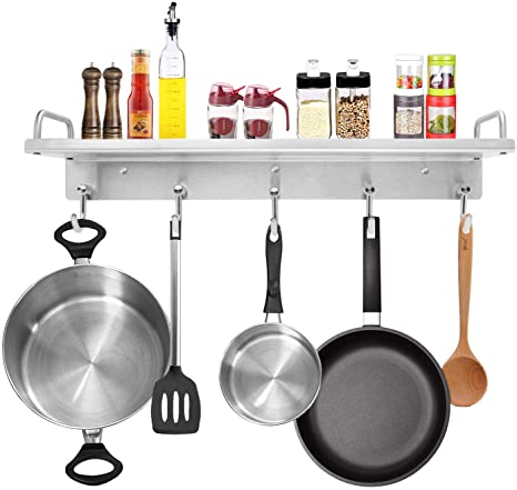 Audmore kitchen Wall mounted thickened pot racks, stainless steel pot hangers for kitchen spices rack,multifunctional kitchen storage rack,pot and pan rack,with 5 hooks,Brushed Silver.