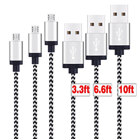 USB Cable,Micro USB Cable,[3Pack][3&6&10ft]by Ailun,High Speed 2.0 A Male to Micro USB Nylon Braided Cable for Smartphone&Tablets,Various Length with 3&6&10ft [Silver]