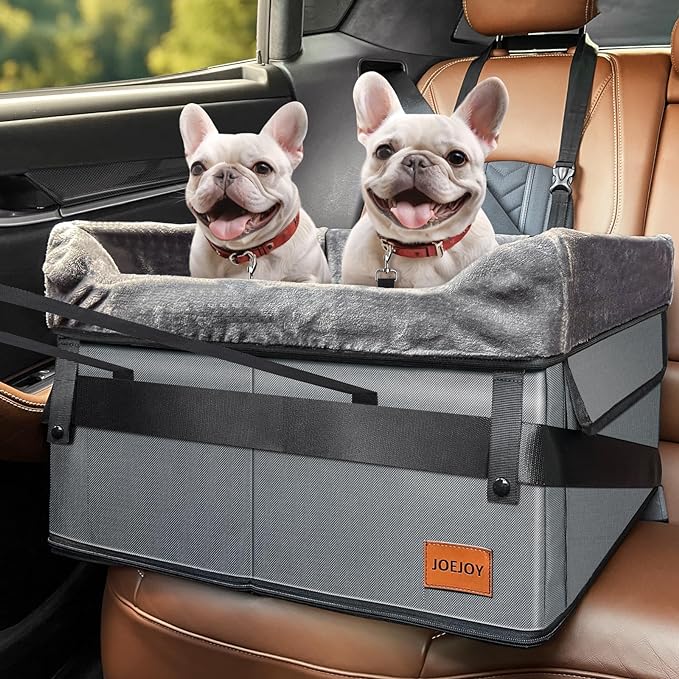JOEJOY Dog Car Seat for Medium Dogs or 2 Small Dogs, Portable Pet Booster Car Seat for Car with 2 Clip-On Safety Leashes and Adjustable Straps, Perfect for Pets Up to 45lbs (Grey)