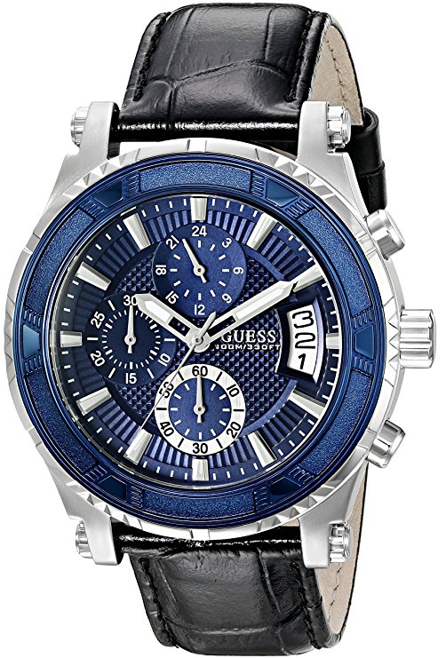 GUESS Men's U0673G4 Sporty Silver-Tone Stainless Steel Watch with Chronograph Dial and Black Strap Buckle