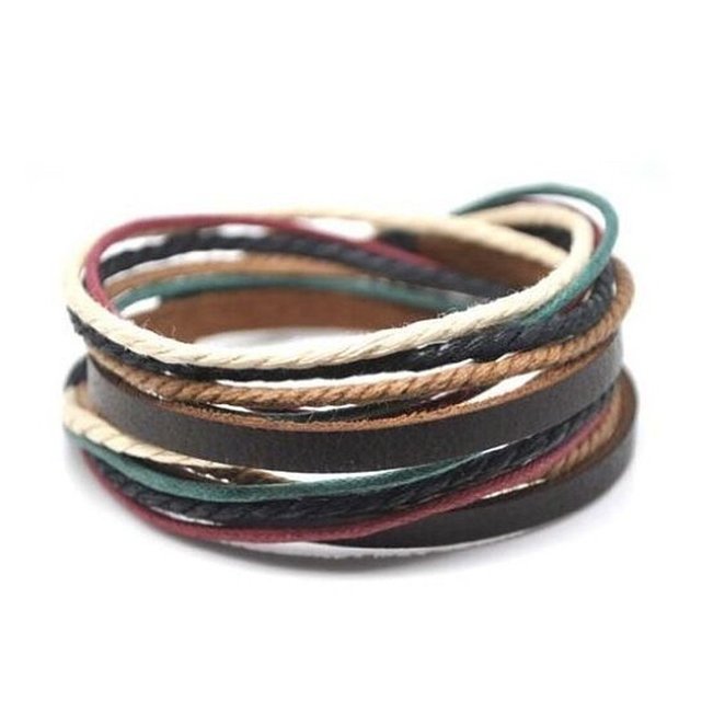 Adjustable Bracelet Cuff Made of Brown Leather Multicolour Ropes and Metal Woven Snapper 582s