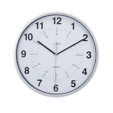 Kiera Grace Synchro Silent Wall Clock, 12 Inch, 3/4 Inch Deep - Silver