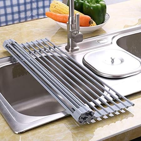 Andre Multipurpose Roll-up Dish Drying Rack Over The Sink Mat, Stainless Steel Adjustable Folding Rolling Dish Drainer Organizer Rack for Kitchen, Black