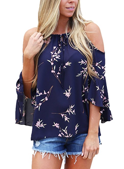 Annflat Women's Floral Print Cold Shoulder 3/4 Sleeve Casual Chiffon Top Blouse