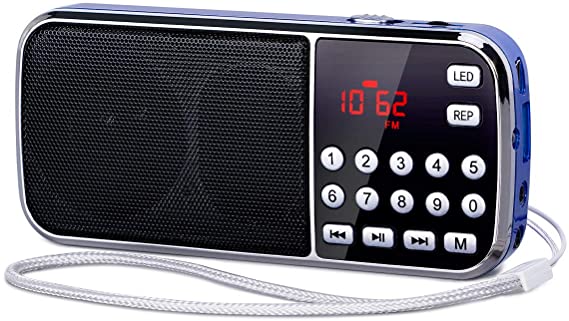 PRUNUS J-189 Small Portable Radio AM FM Bluetooth Radio - Dual Speakers Heavy Bass, LED Flashlight, Pocket Size, TF Card USB AUX MP3 Player, Rechargeable Battery Operated(Blue)