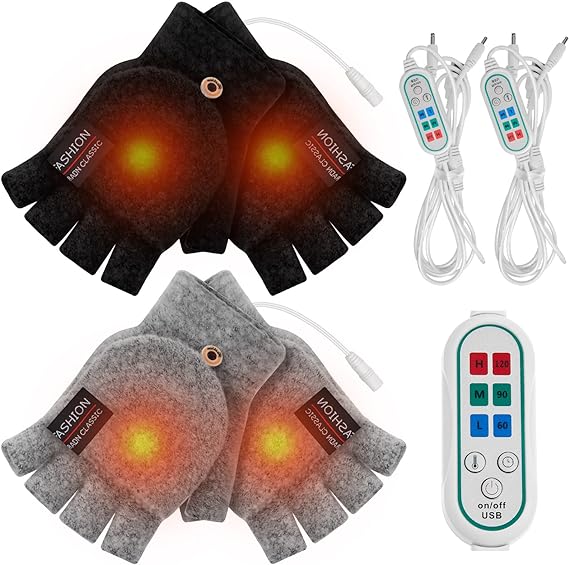 2 Pairs Unisex USB Heated Gloves Timetable Temperature Adjustable Winter Hands Warm Laptop Gloves Electric Heated Hand Warmer for Men Women Indoor Outdoor, Black and Grey