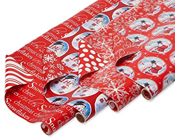 American Greetings Reversible Christmas Bulk Gift Wrapping Paper Bundle, 4 Rolls; Santa, Script, Snowmen, and Snowflakes, 160 Total sq. ft.