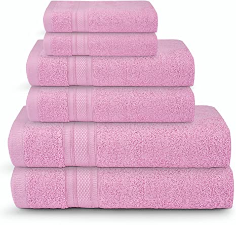 BAYAN 100% Cotton Set of Towels, Highly Absorbent, Super Soft Bathroom Towels and Washcloths Sets, 6 Piece (2 Bath Towels, 2 Hand Towels, 2 Washcloths), Pink
