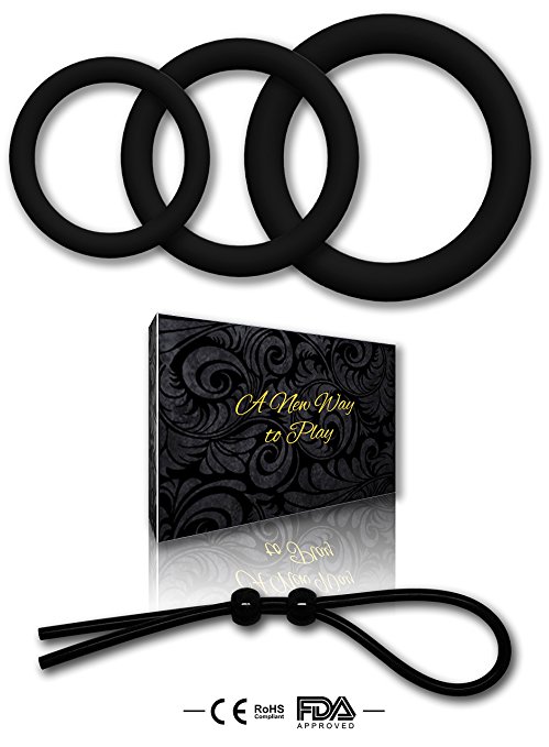 3 Silicone Cockring Set (Multiple Size Options)   1 Adjustable Penis Tie For Stronger Erections & Better Blood Flow – Pleasure Enhancing Sex Ring Set – The Best Cock Ring Sex Toys for Men