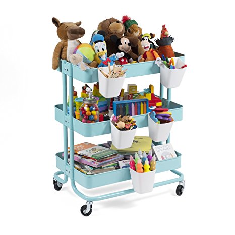 Multi-Purpose Metal Rolling Art School Supplies Cart with 5 Compartments for Kids’ Room or Classroom in Turquoise