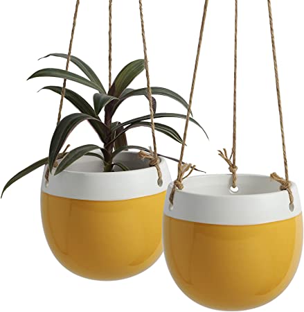 Ceramic Hanging Planters Plant Pots - POTEY 056805 5.3 Inch Indoor Hanging Pots Round Plant Holder Home Decor with Jute Rope for Succulents Herbs Ivy Ferns Crawling Plants Small Plants(Set of 2)